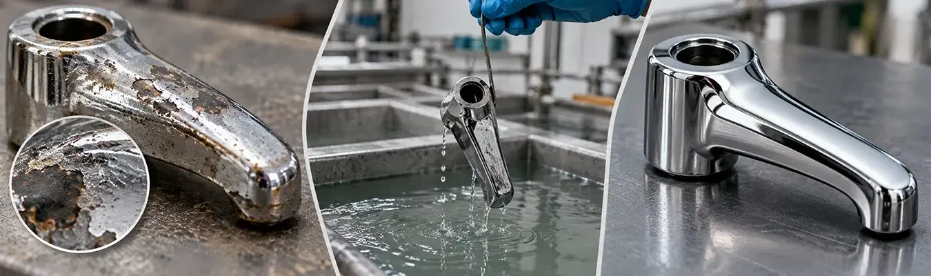 Nickel chrome plating process showing a corroded faucet, replating treatment, and restored chrome finish.
